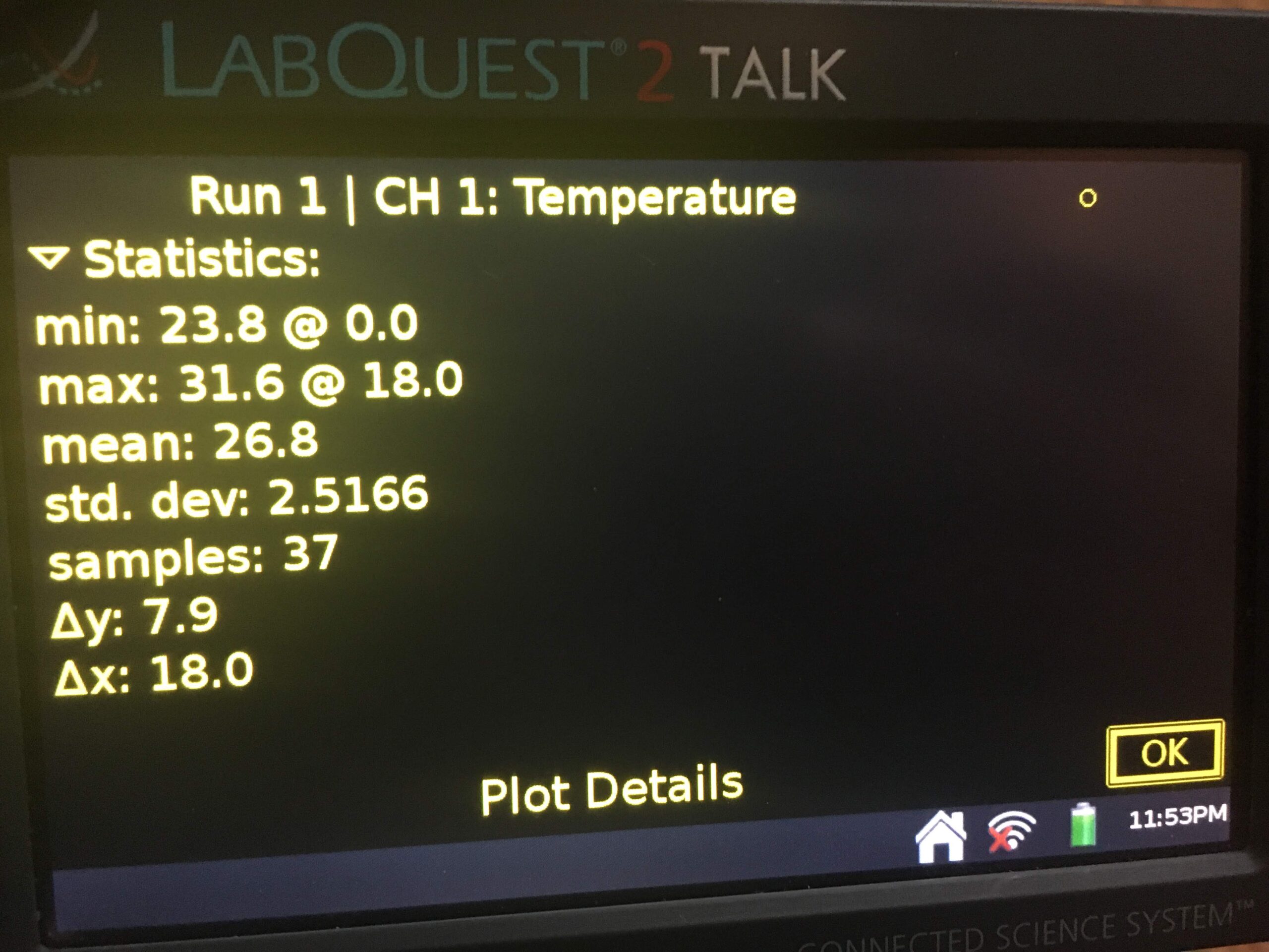 Close up of TLQ stats screen for a temperature run displayed in high contrast.