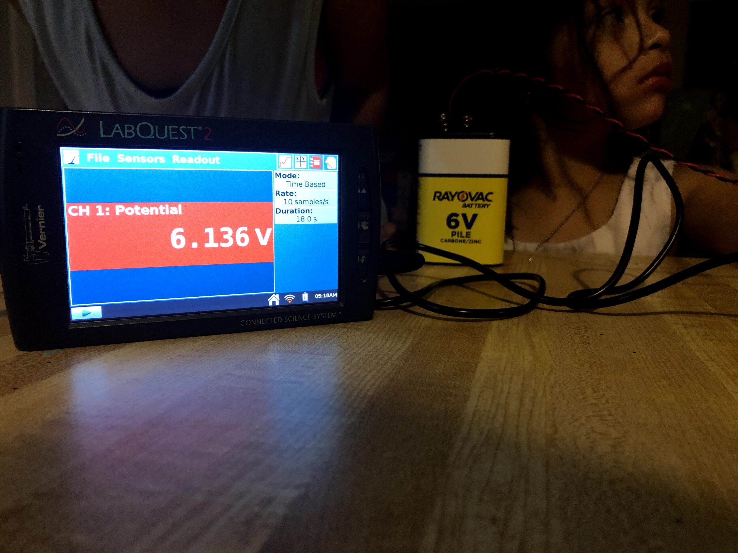 A young girl works with the Talking LabQuest, a differential voltage probe, and a 6V battery